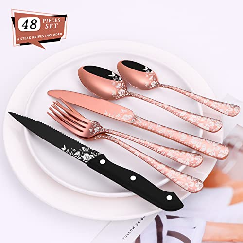 Stapava 48-Piece Copper Silverware Set with Steak Knives for 8, Stainless Steel Rose Gold Flatware Cutlery Set, Mirror Eating Utensils Tableware with Butterfly Flower Laser, Dishwasher Safe