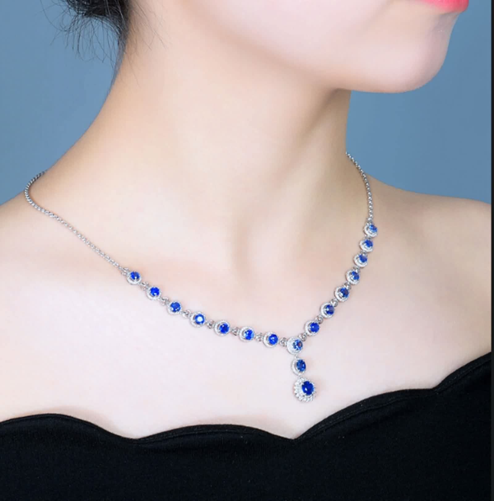 Zaffiro Collana Donna Genuino Collana per Lei Argento Blu 18K Oro Bianco Pendente Collane Con Zaffiro Rotondo Da 7.3 Ct Per San Valentino, Zaffiro Diamante