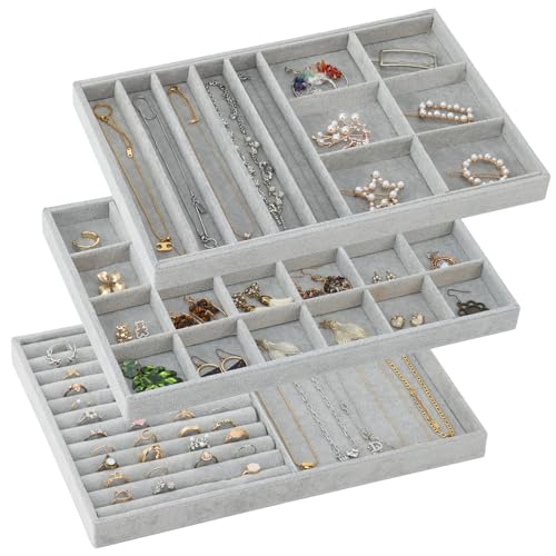 Fixwal 13.8in Jewelry Organizer Trays, Large Stackable Jewelry Tray for Drawers, Jewelry Storage for Earring Ring Necklace Bracelet, Grey, Set of 3