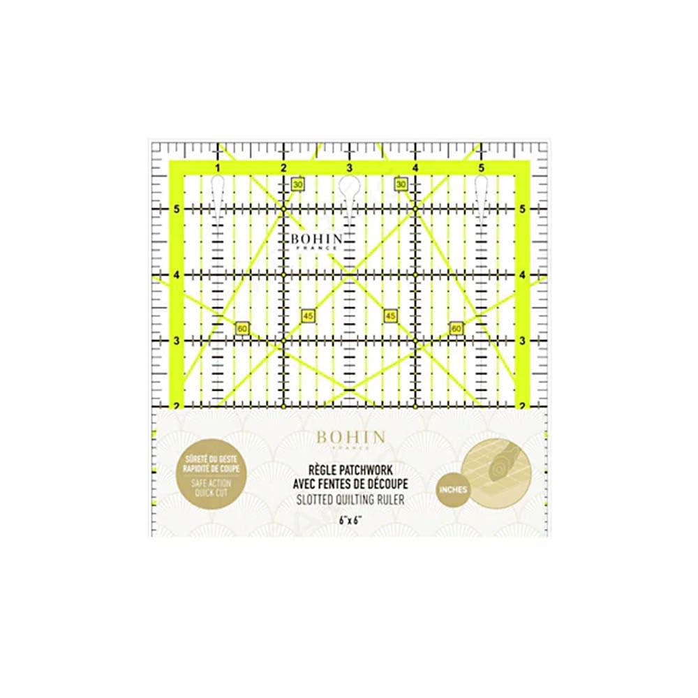 Bohin Transparent France - France 30, 45 And 60° (15.2X15.2cm) Slotted Quilting Ruler With Inch Markings - 1 Piece