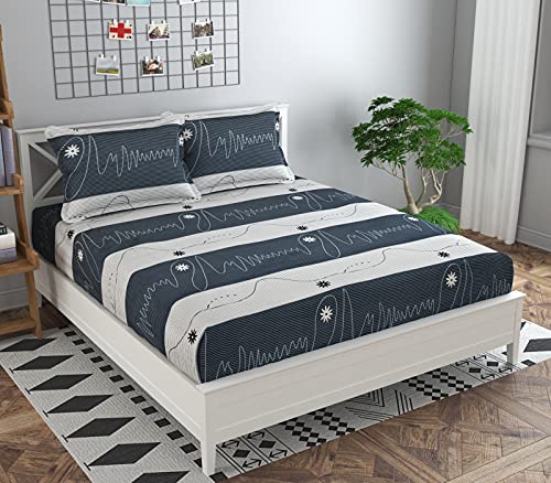Image of Elastic Fitted Bedsheet King & Double Size - All Around Elastic, 200 TC Poly Cotton Printed Bed Sheet 72 inchx78 inch Upto 6 inch Mattress with 2 Pillow Covers, Grey Wind Wave
