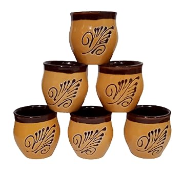 Purpledip Ceramic Kulhar Cups: Indian Souvenir Memorabilia Set of 6 Small Mugs, 150ml (12369A)