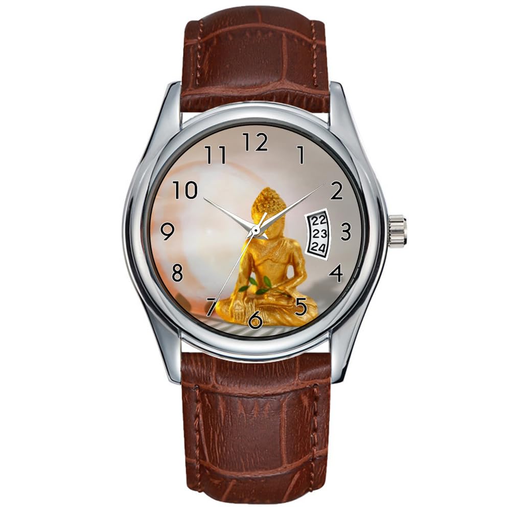 Reloj casual impermeable de cuarzo para hombre, reloj de fecha, clásico, de negocios, de cuero marrón, reloj de pulsera de Navidad, reloj de oro de Buda, marrón, comercial, Marrón, Comercial