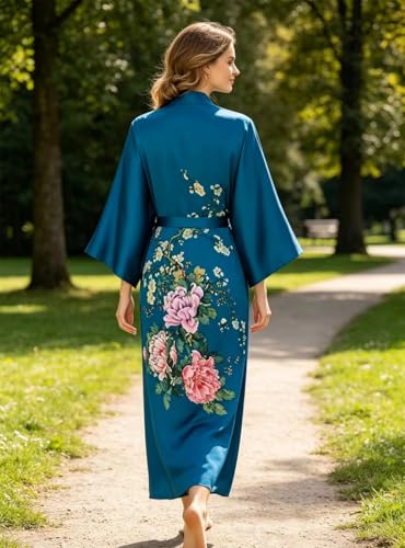 Image of Women's Classic 100% Silk Kimono Robe, Bathrobe-Printed Pattern