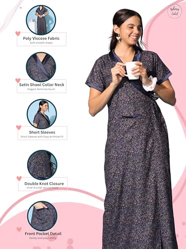 Image of 9shines Label Stylish Cotton Nighty Robe for Women | Front Open Floral Housecoat | Wrap Nighty with Pocket | Adjustable Waist Tie | Plus Size Housecoat (HC-2026)