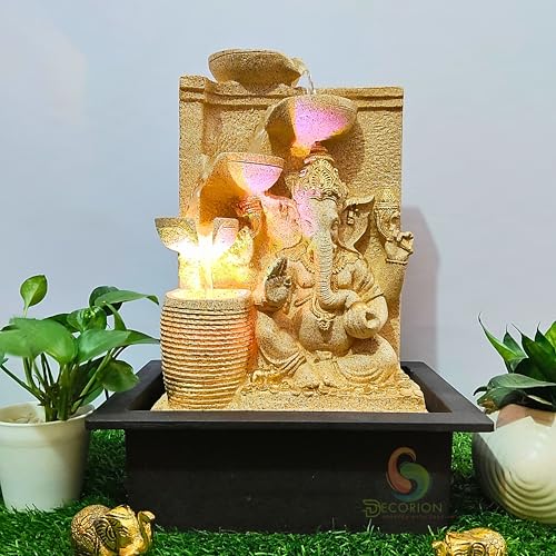 Image of Decorative Ganesha Table Top Water Fountain for Home Decor /Office /Indoor & Outdoor /Garden /Puja Room /Vaastu with Multicolor LED Light and Adjustable Water Pump (Yellow D-11)
