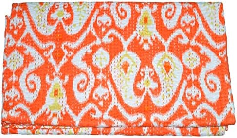 YUVANCRAFTS Indian Paisley Screen Print Kantha Quilt Pure Cotton Traditional Print Queen Quilt Orange Blanket Bedspreads Throw
