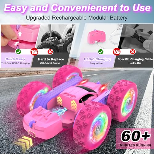 Image of Remote Control Car, RC Cars for Girls, 2.4 GHz Double Sided RC Crawler with Upgraded USB-C Modular Battery, 360Rotating Car Toys for 6 7 8 9 10 11 12 Year Old Girl Birthday Gift Pink-Purple