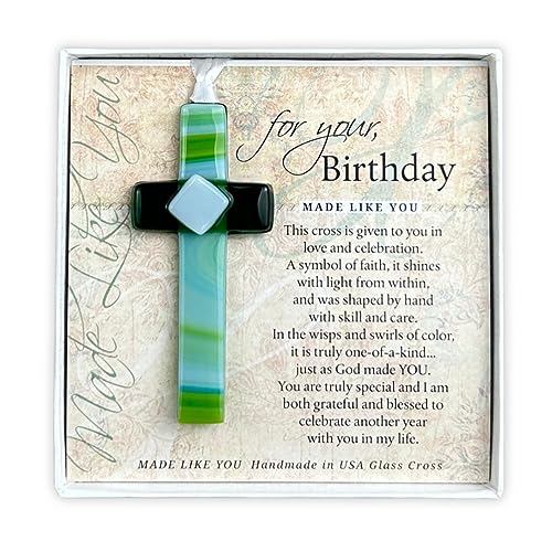 Birthday Cross - Handmade in USA Glass Cross with Sentiment - Christian Birthday Gift for Friends/Colleagues/Family
