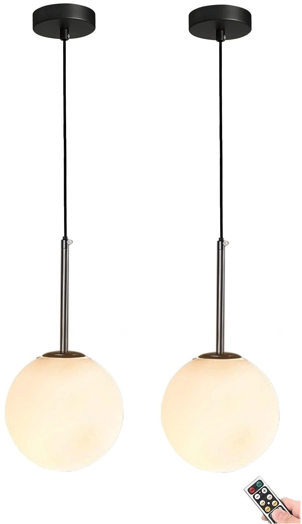 Bezprzewodowa lampa wisząca na baterie z żarówką ładowaną przez USB i pilotem, nieokablowana lampa wisząca z połowy stulecia z białym kloszem ze szkła, do stołu jadalnego z wyspą kuchenną, sypialnia