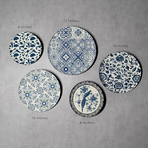 Image of Blue Sapphire Moroccan Wall Plates - Set of 5 Decorative Metal Plates Inspired by Delft Art & Pottery | Elegant Wall Decor for Living Room, Bedroom & Office