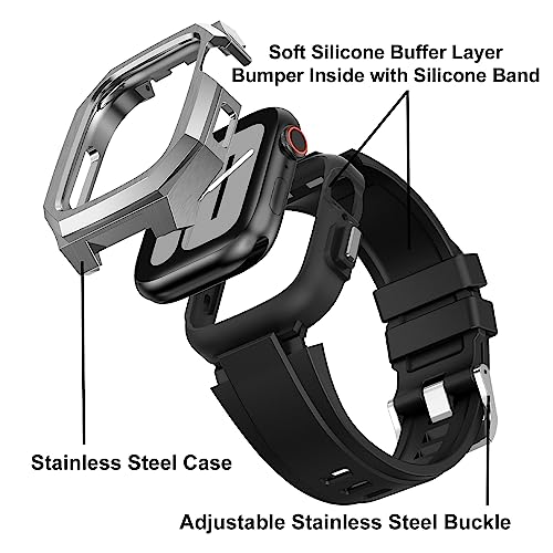 Image of Luxury Metal Case with Band Compatible for Apple Watch 44mm 45mm 46mm 49mm,Men Rugged Protective Bumper Cover with Soft Silicone Strap for iWatch Series 11 /10 /9 /8 /7 /6 /SE3 /SE2 /SE /5 /4 and Ultra 3 /2 /1 49mm