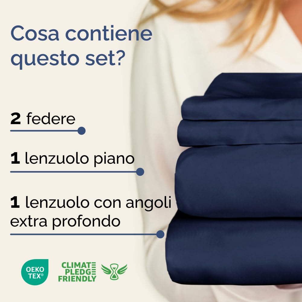 Set lenzuola matrimoniali king size 4 pezzi 180x200 cm - morbida microfibra spazzolata, traspirante e certificata OEKO-TEX - lenzuolo con angoli, lenzuolo piatto 270x290 e 2 federe 50x80 - Blu marino
