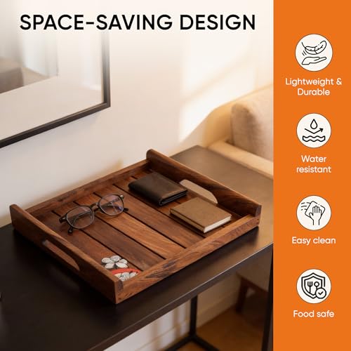 Image of AAKRITI ART CREATIONS Classic Rosewood Serving Tray Set of 2 | Handcrafted Floral Art | Brown Wooden Trays & Platters with Handle | Matte Finish Home | Trays for Dining Table & Kitchen Organizer