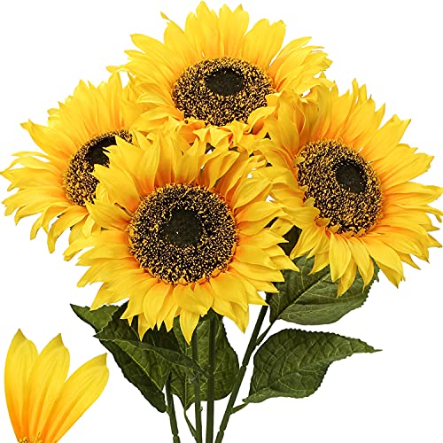 Briful Lot de 4 grandes fleurs de tournesol artificielles décoratives en soie pour mariage, fête, décoration de table
