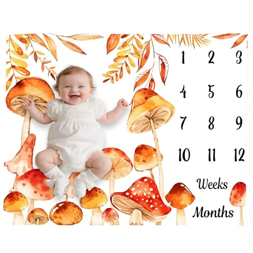 Image of Mushroom Theme Baby Monthly Milestone Blanket, Soft Flannel Watercolor Spring Tropical Eucalyptus Leaves Botanical Photography Prop Newborn Baby Shower Age Growth Tracker (Orange, 48x48in)
