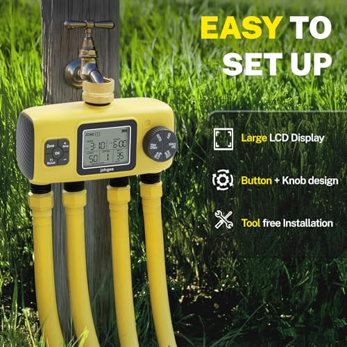 Johgee Bewässerungscomputer 4 Ausgänge mit Messing Einlass, 4 Zone Bewässerungsprogramme Garten Bewässerungsuhr, Automatische Bewässerung Zeitschaltuhr Regenverzögertem/Manuellem/Automatischem Modus
