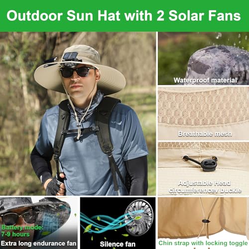 Image of Fishing Hats with Sunglasses, Wide Brim Sun Hat with 2 Solar Fan, USB & Solar Powered Fishing Hats, Solar Fan Hats UPF 50+