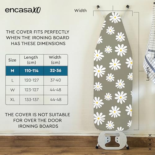 Image of Encasa XO Ironing Board Cover with 3mm Thick Felt Pad for Steam Press (Fits Standard Medium Boards of 112x34 cm) Heat Reflective, Scorch & Stain Resistant, Printed - Daisy Grey