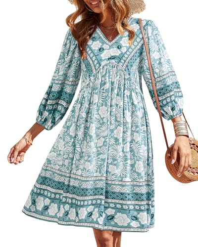 Image of BTFBM Women Casual Spring Summer Dresses V Neck 3 /4 Long Sleeve Ruffle Floral Flowy Boho Babydoll Mini Short Beach Dress