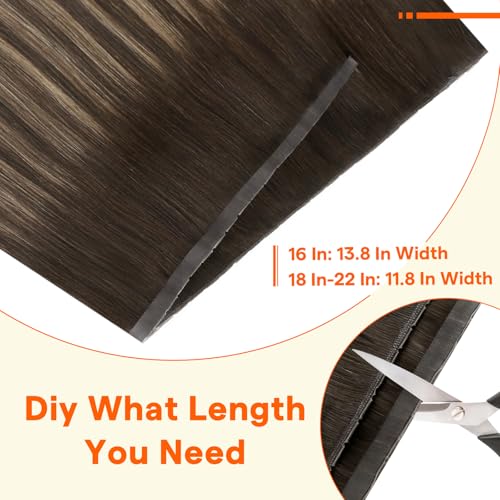 Image of Full Shine Butterfly Weft Hair Extensions 20 Inch 50G for Women | Balayage Dark Brown with Ash Brown Highlights, Double Layered PU Hole Weft, One Piece Volume, Natural Daily Wear
