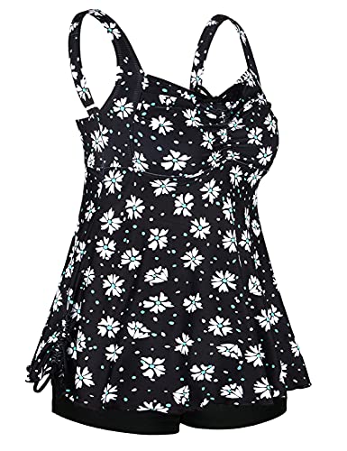 Septangle Slimming Swimsuits for Women Two Piece Bathing Suits Tummy Control Floral Swimwear Modest Set Drawstring Swimdress High Waist Swim Dress, Black & White Flower, US 10 - Thumbnail 2