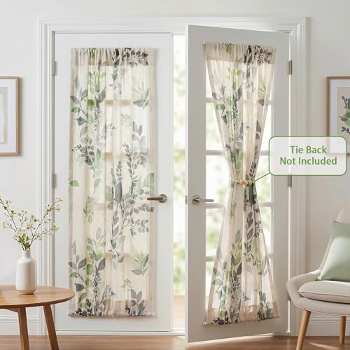Image of MYSKY HOME Floral Linen French Door Curtains 72 inch Long 2 Panels for Front Door Light Filtering Privacy Semi Sheer Window Curtains with Rod Pocket, Green, 24 inch W Each Panel