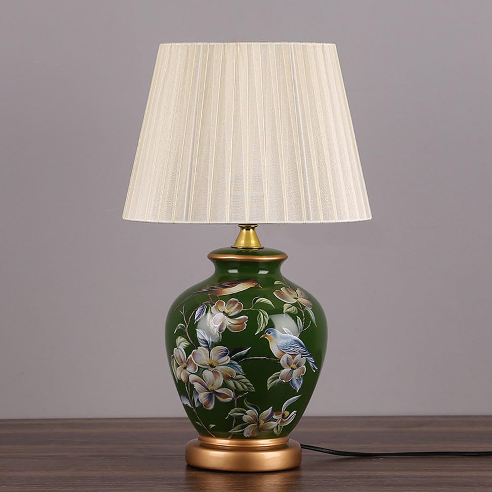 asdchZen American Flower And Bird Ceramic Table Lamp,Chinoiserie E27 Table Lamp, Classic Cottage Bedside Desk Nightstand Lamp For Bedroom Living Room Office College Bookcase-B,G