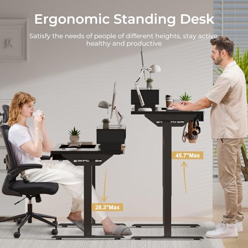 Image of GTPLAYER Electric Standing Desk with Drawers, 48 x 24 Inch Height Adjustable Gaming Desk with Monitor Stand, Power Outlets & LED Lights, Home Office Sit Stand Up Desk with Memory Preset (Black)