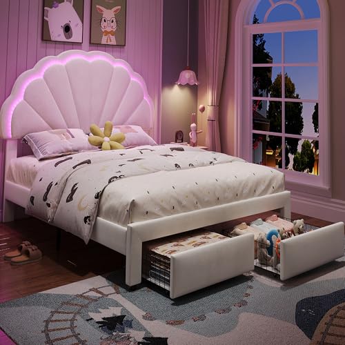4ft6 Double Bed Frame Upholstered Platform Bed with LED-Light Strips, 2 Drawers and Shell Shape Headboard, Velvet Upholstered Bed, Sturdy Metal-Wood Support, No Mattress,Easy Assembly,Beige Double Bed