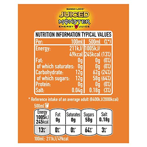 Image of Monster Mango Loco Energy + Juice Carbonated Energy Drink | L-Carnitine + Inositol + B Vitamins + Taurine, 16.91 fl oz ℮ 500 ml (Pack of 3)