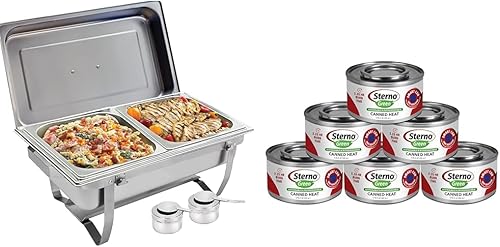 Sterno Juego de platos de acero inoxidable con marco plegable, 8 cuartos de galón, plata y 2.25 horas de calor enlatado verde, gel de etanol,