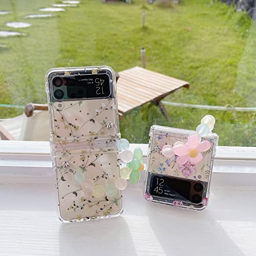 Nxbnk For Galaxy Z Flip 4 Case, Floral Handmade Hard Clear Three-Section Protection Case For Samsung Galaxy Z Flip 4, Flower Case For Girls Women With Bracelet - Pink Floral #TOP2