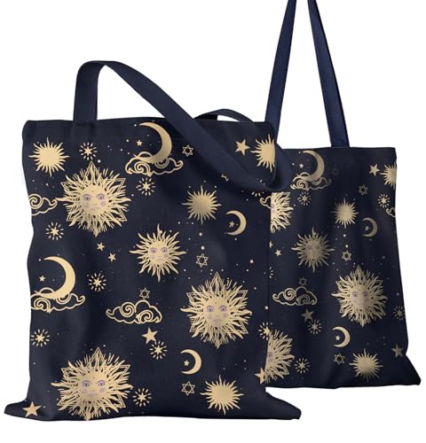 Miss Adola Aesthetic Canvas Tote Bag for Women - Sturdy Cloth Cotton Totes Bag with Pattern Shoulder Bag for Shopping, Grocery, Gym, Navy Blue Moon Sun