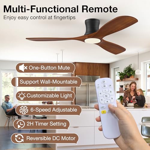 Image of 52In Wood Low Profile Ceiling Fans with Lights Remote,Flush Mount,Outdoor