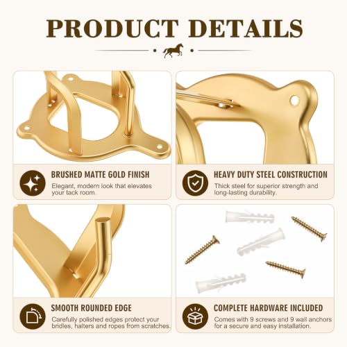 Image of Dunzy 3 Pcs Horse Bridle Rack Bracket Bridle Hooks Tack Storage Halter Hanger Metal Holder with Tubes and Screw for Horse Barn Supplies (Gold)