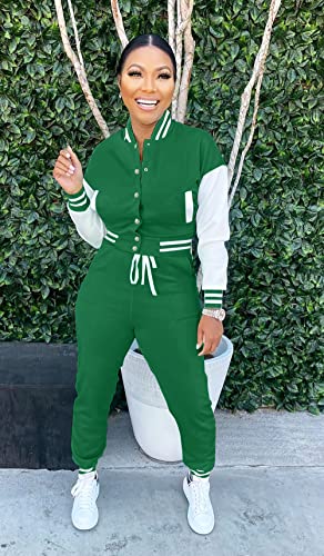 Fooullaide Women’s Varsity Jacket Sweatsuit 2 Piece Tracksuit Crop Top Button Down Letterman Jackets Pants Sets #TOP3