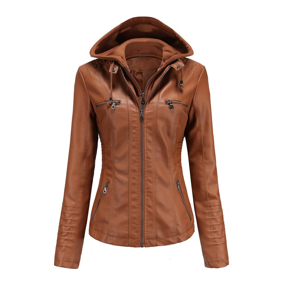 Chaqueta Moto Mujer,Chaqueta De Piel Sintética Para Mujer, Marrón, Capucha Desmontable, Cuello Levantado, Cierre A Presión, Doble Cremallera, Vintage, Manga Larga, Corto, Ajustado, Moto Biker, Pu
