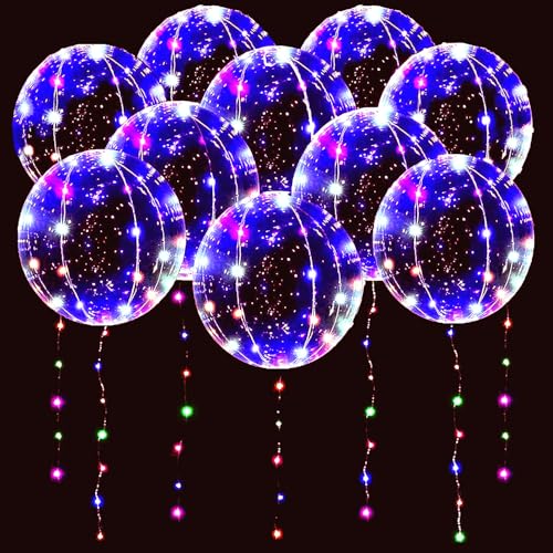 LED Bobo Balloons 10 PACKS,20 Inches Light Up Balloons Helium Style,Glow Bubble Balloon for Christmas Wedding Birthday Valentines Day Halloween Party Supplies Decorations (Colorful)