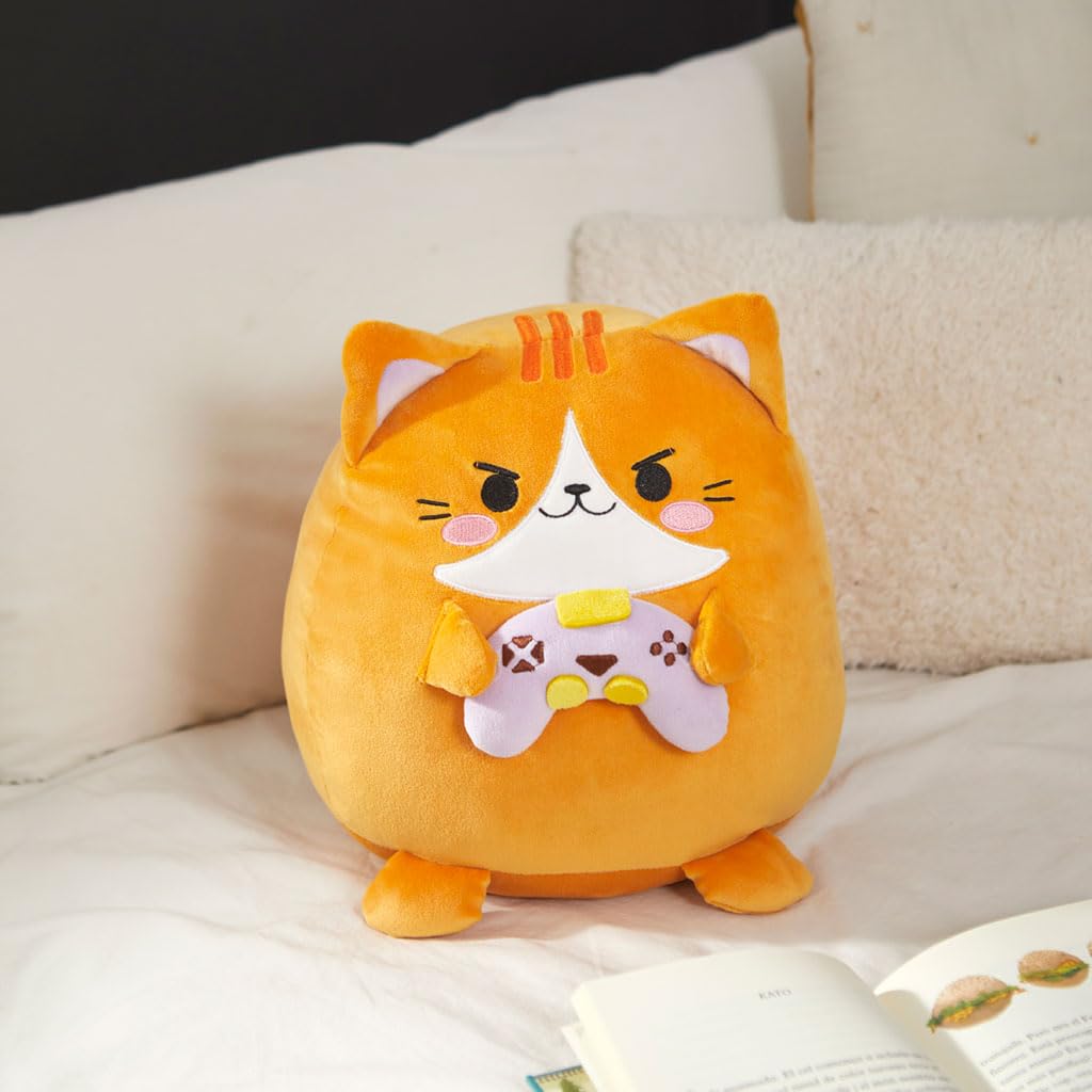 Balvi Cuscino Fluffy Kawaii Gamer Colore arancio Gatto che gioca ai videogiochi Morbido e spugnoso Ny