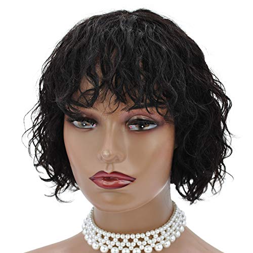 YENAS Natural Short Curly Human Hair Wigs with Bangs for Women-Brazilian Glueless None Lace Frontal Virgin Human Hair Soft Bob Wigs Bouncy Hair Color Black1B(9.5 Inch,80G)