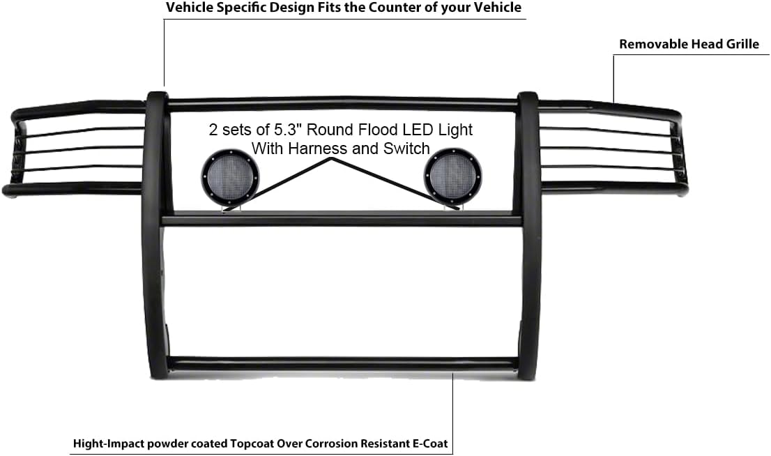 Black Horse Grille brush Bumper Guard Modular Black Come with Pair of 5.3" Dia.LED Lights with Black Trim Rings Compatible with 2003-2005 Dodge Ram 1500/2500/3500-17DG105MA-PLFB
