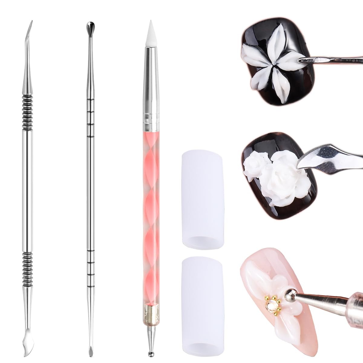 Nail Art Sculpture Pen 3PCS Double-head Stainless Steel 3D Gel Art Sculpting Pens Dotting Tools Acrylic Powder Flower