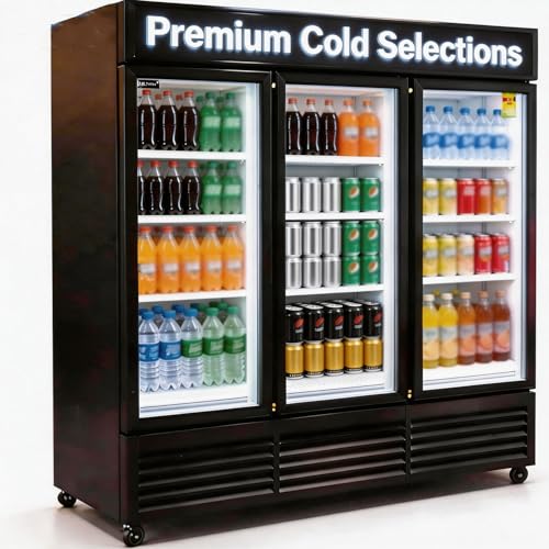 NAFCOOL 71” Wide Commercial Beverage Refrigerator Display Fridge, Three Glass Door Merchandiser Drink Cooler With LED Light 9 Adjustable Shelves,ETL Sanitation,63.5 Cu Ft,BLACK,Wheels Included