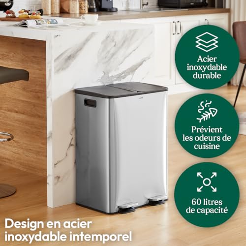 Kitchen Waste Bin 60 L – 2 x 30 Litre, Double Compartments 2 x 30 L, Brushed Stainless Steel, Rectangular Recycling Bin with Pedals, Anti-Smell, French Company
