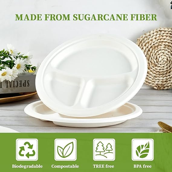 SANWALSA [9 inch, 3-Compartment, 15 Count, Round, White Disposable Bagasse Paper Plates | Eco-Friendly Sugarcane Plates for Wedding, Party, Picnic 1