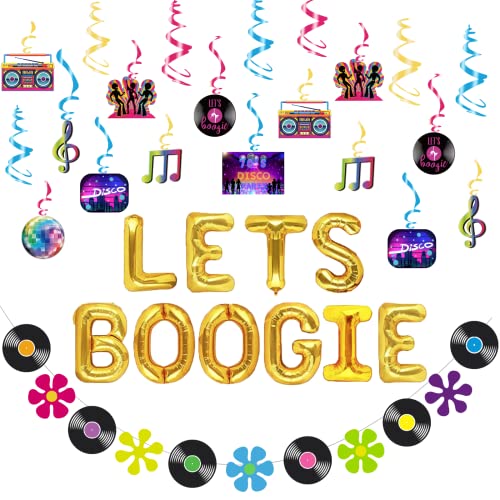Fiesec Lets Boogie Party Decorations, 70s Retro Disco Party Decorations, 1970s Hippie Dance Music Themed Party Supplies Hanging Swirl Foil Balloon Banner Disco CD Record Fever Music Flower Colorful