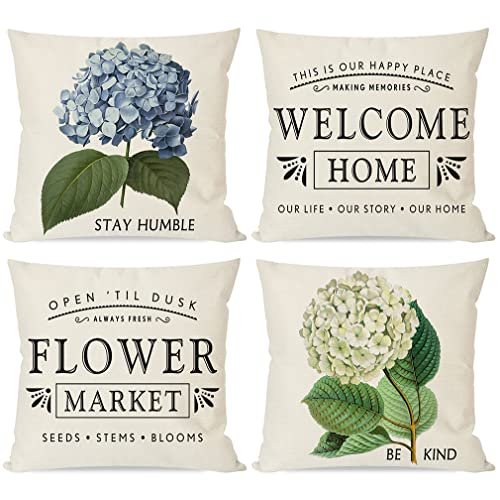 PANDICORN Blue Green Hydrangea Pillow Covers 18x18 Set of 4,