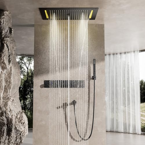 Columna de Ducha Termostática, Conjunto de Ducha Empotrada Techo, Cabezal de Ducha de Lluvia 70x38 CM con Luz LED Y 5 Modos de Ducha, Sistema de Ducha Completo con Ducha de Mano