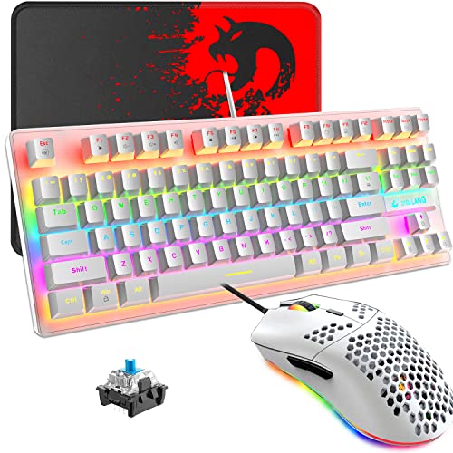 Teclado mecánico para Videojuegos, 3 en 1, con Cable Mini 87 Teclas, Interruptor Azul, Teclado mecánico con 8 Modos de retroiluminación arcoíris, 29 Teclas antifantasma +6400DPI ratón de Panal Ligero